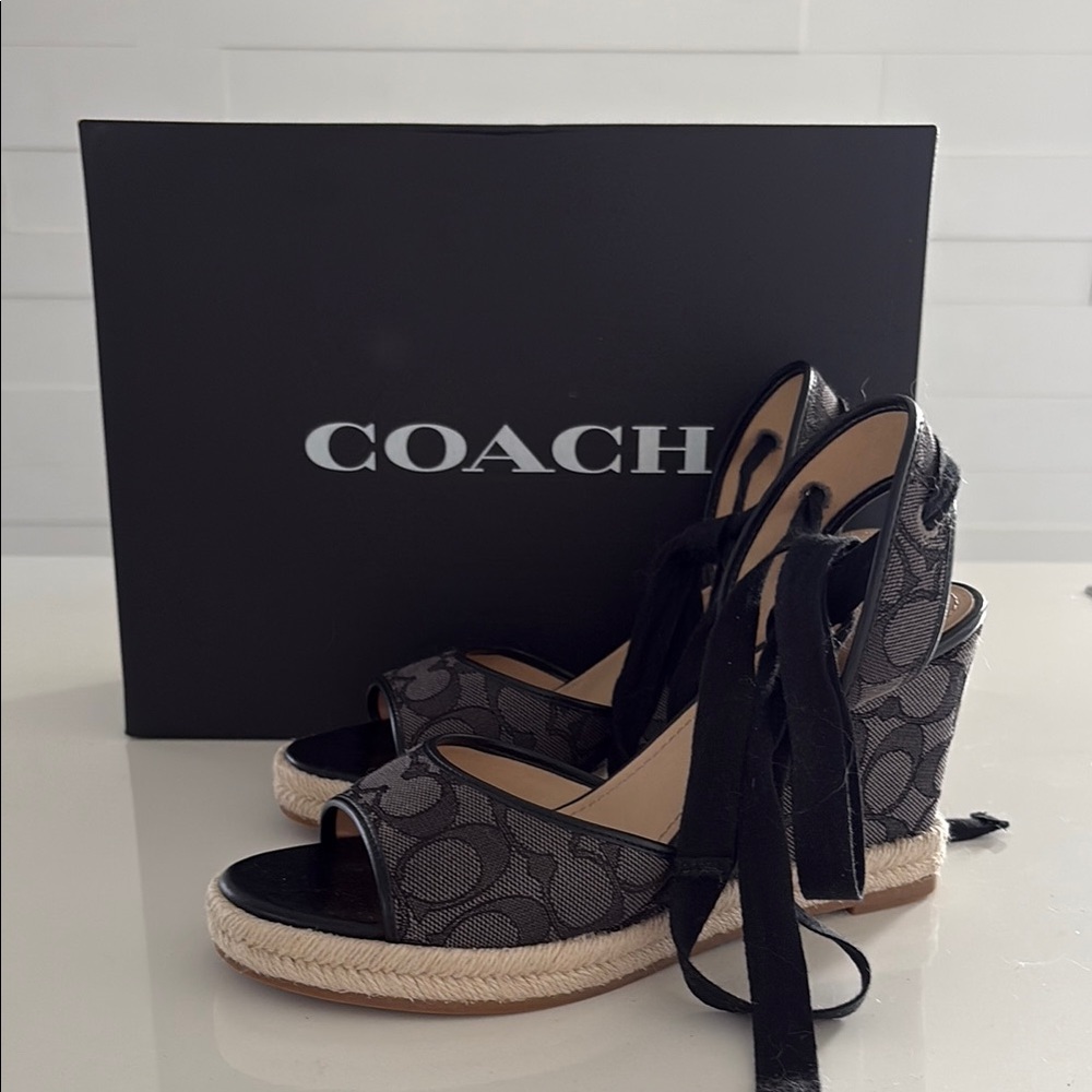 7.5B Coach Black Wedge Sandals Patrice Sig Espdrill Black/Smoke/Coal Box incl’d